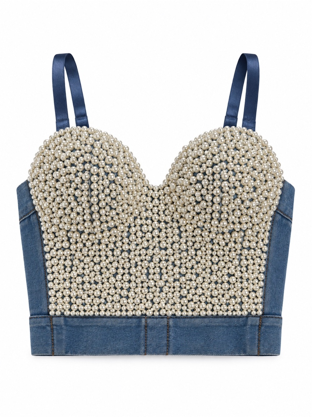 Pearl-Embellished Denim Bustier Corset Top - White Pearl / Blue